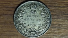 Canada - moneda de colectie argint 925 sterling - 25 cents 1917 - George V - f greu de gasit - stare foarte buna !