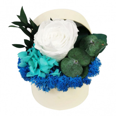 Aranjament floral cu trandafir criogenat, licheni stabilizati in cutie alba foto