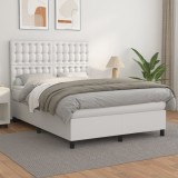 VidaXL Pat box spring cu saltea, alb, 140x200 cm, piele ecologică