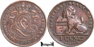 1907, 1 Centime - Leopold al II-lea - Regatul Belgiei - inscripție olandeză foto