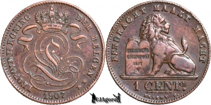 1907, 1 Centime - Leopold al II-lea - Regatul Belgiei - inscripție olandeză