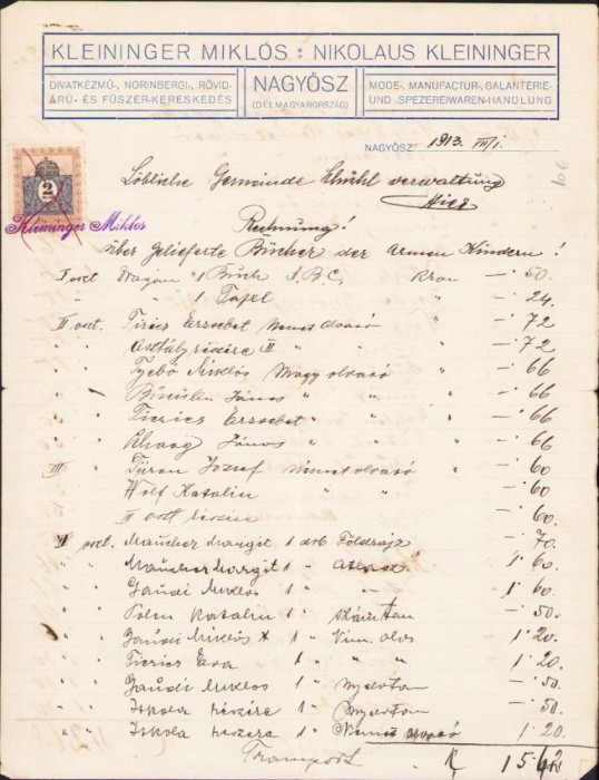 A911 Factură Kleininger Mikl&oacute;s Coloniale textile Tomnatic, județul Timiș, 1913