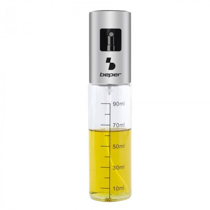 Flacon cu pulverizator pentru ulei si otet Beper C102SPE001, Sticla, 90 ml, 18.5x4 cm, Incolor/inox