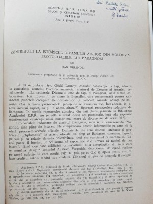 Contributii la istoricul divanului ad-hoc din Moldova. Protocoalele lui Baragnon - Dan Berindei cu dedicatie foto