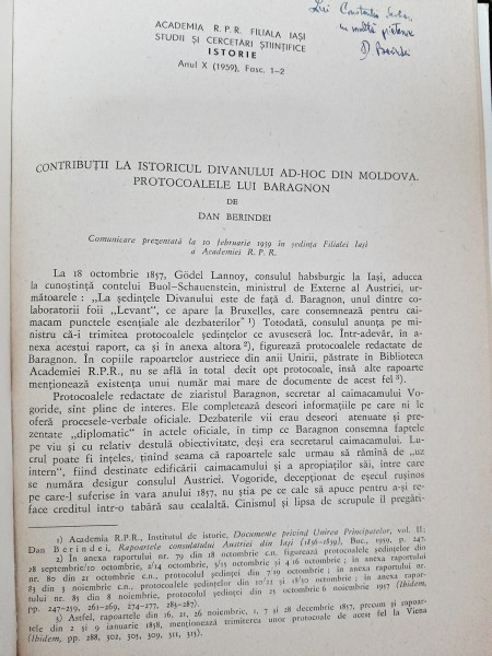 Contributii la istoricul divanului ad-hoc din Moldova. Protocoalele lui Baragnon - Dan Berindei cu dedicatie