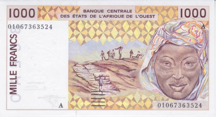 Bancnota Statele Africii de Vest 1.000 Franci 2001 - P112Aj UNC Coasta de Fildes ( vezi descriere )