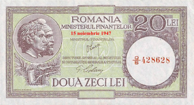 REPRODUCERE bancnota 20 lei 1947 15 noiembrie &amp;ndash; Luca inclinat Romania foto