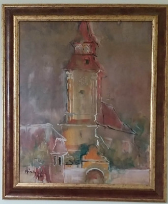 Tablou ulei pe carton Viorel Nimigeanu - Biserica 60 x 48 cm autentic garantat foto