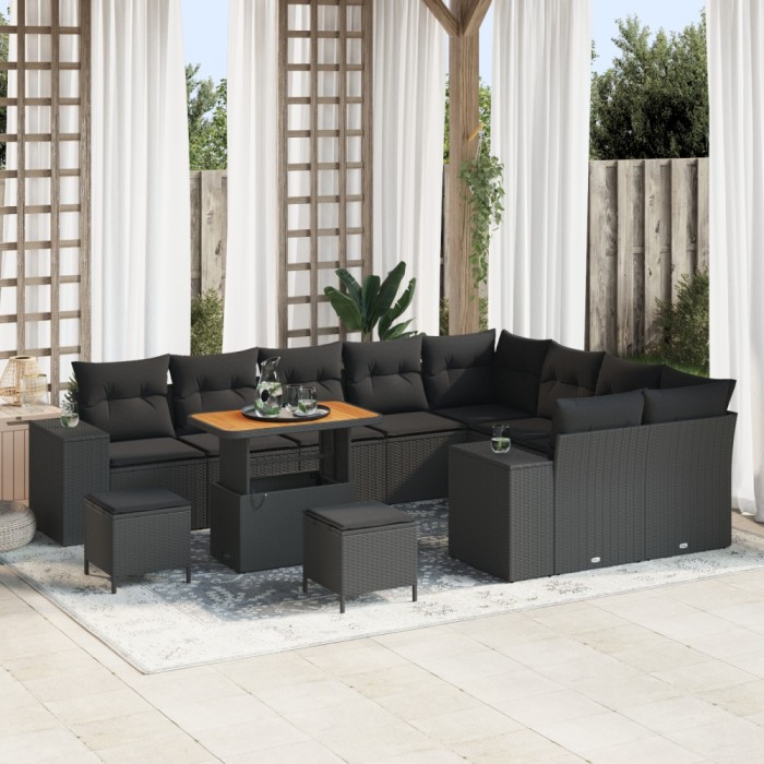 Set canapea gradina Gossi cu 12 piese cu perne negru poliratan acacia, set de dining gradina Gossi cu 3 piese cu perne negru poliratan acacia
