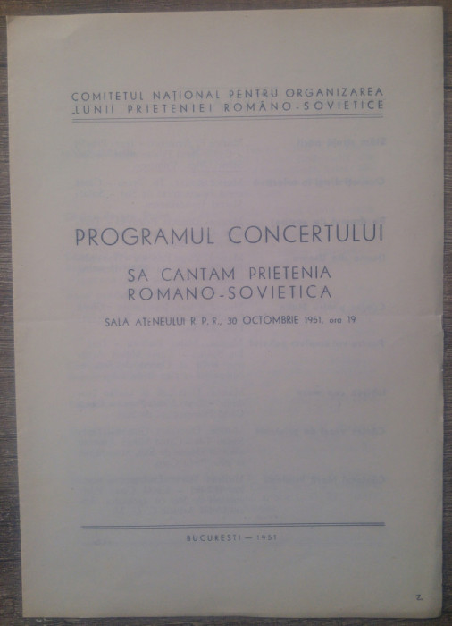 Programul Concertului ,,Sa cantam prietenia Romano-Sovietica&quot;/ 1951