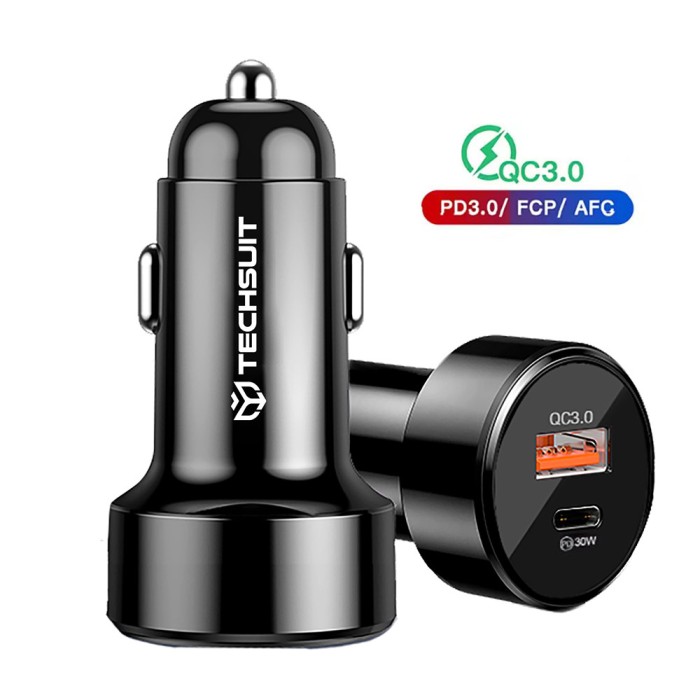 Incarcator Auto USB-A QC 3.0 18W, USB Tip C PD 30w Techsuit