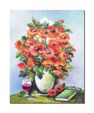 Tablou pictat manual, Vaza cu maci imperiali, carte si pahar, 50x40cm ulei pe panza, Constantin Feraru