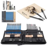 Set 42 Creioane Grafit si Carbune Profesionale Desen Schite + Penar, Caiet, Accesorii - Creioane Schita HB B 2H-8B, Carbune Salcie, Pastel