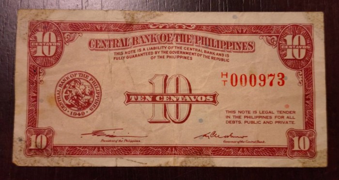 Bancnota Filipine - 10 Centavos 1951