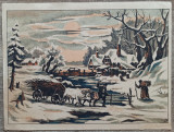 Peisaj rural, iarna// litografie romaneasca, semnata ER, Arbori, Ulei, Altul