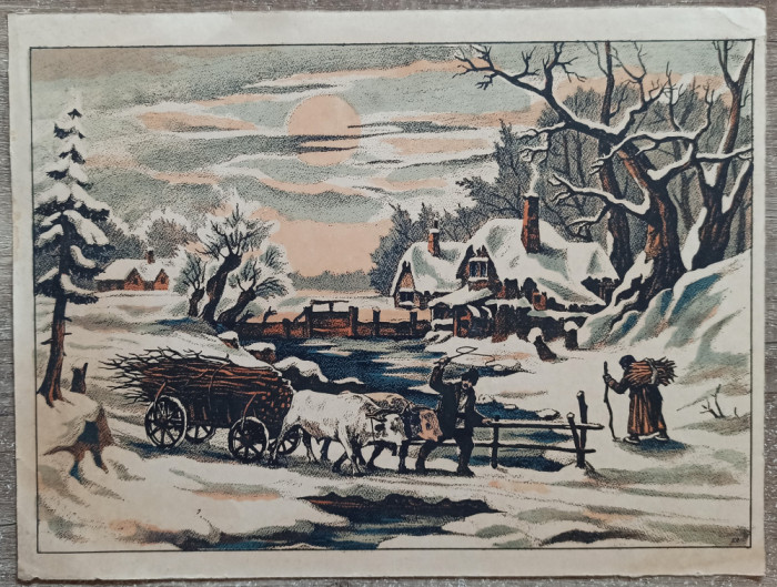 Peisaj rural, iarna// litografie romaneasca, semnata ER