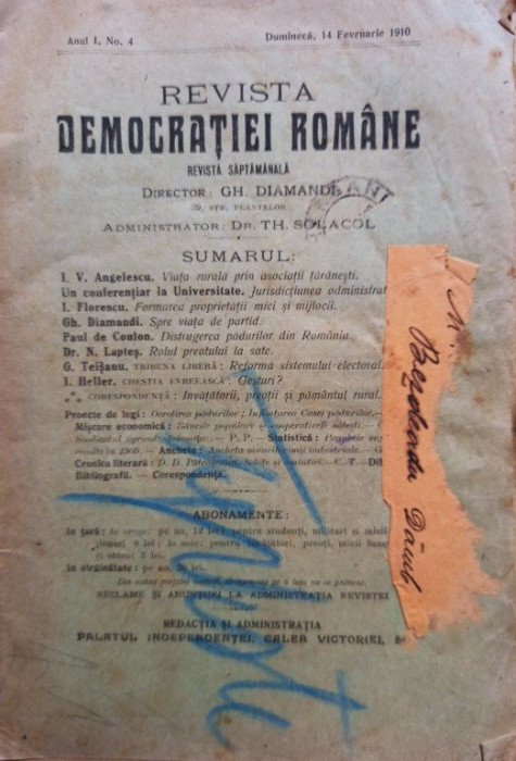 Revista Democratiei Romane, anul 1, nr. 4, 14 februarie 1910 (1910)