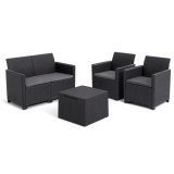 Set mobilier de gradina, polipropilena, Keter Claire, pentru terasa, cu masa, 2 fotolii si canapea, culoare graphite, cu spatiu depozitare, rezistent