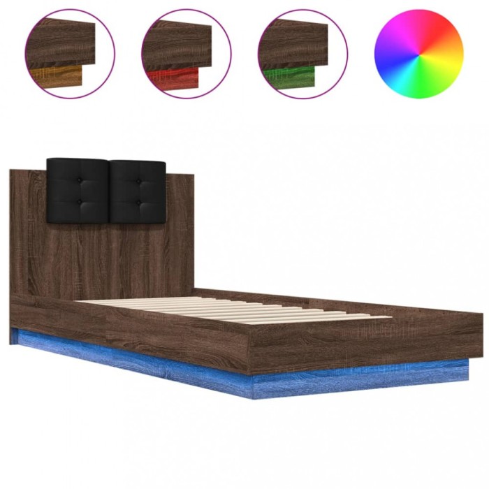 Cadru de pat cu tablie si lumini LED, stejar maro, 90x200 cm