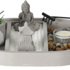 Suport pentru lumanari Buddha zen garden oval, 25x17x9 cm, ciment, gri