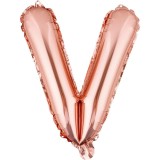 Balon folie metalizata litera v, flippy, 100 cm, umflati cu heliu sau aer, ambalaj individual, pai inclus, rose gold