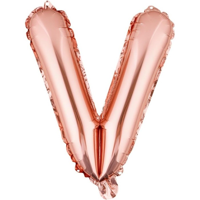 Balon folie metalizata litera v, flippy, 100 cm, umflati cu heliu sau aer, ambalaj individual, pai inclus, rose gold