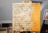 Tablou auriu abstract sufragerie pictat manual pictura in cutit 100x100cm