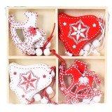 Set 12 decoratiuni de craciun din lemn, flippy, cu snur pentru agatare in brad, model caluti si clopotei, alb-rosu