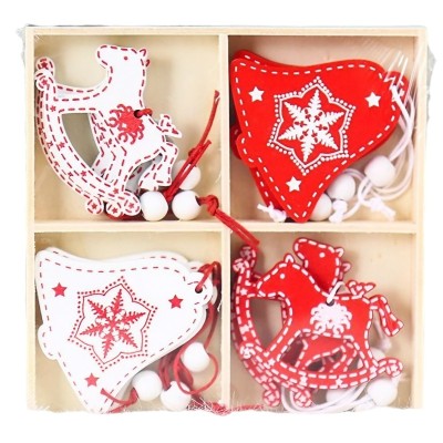 Set 12 decoratiuni de craciun din lemn, flippy, cu snur pentru agatare in brad, model caluti si clopotei, alb-rosu foto