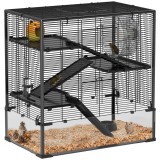 PawHut Cușcă pentru Hamster cu Bază din Sticlă, Cu 4 Etaje și Accesorii, 78,5L x 48,5B x 80H cm, Negru | Aosom Romania