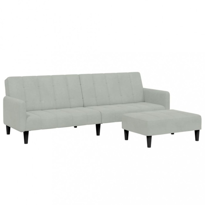 Canapea extensibila cu taburet, 2 locuri, gri deschis, catifea