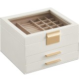 SONGMICS Cutie de bijuterii cu 3 nivele, 2 sertare, capac din sticla, 20x23x14cm, alb si auriu Household NewTrend