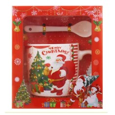Set cana ceramica cu lingurita flippy, 200 ml, tematica mos craciun cu brad, alb