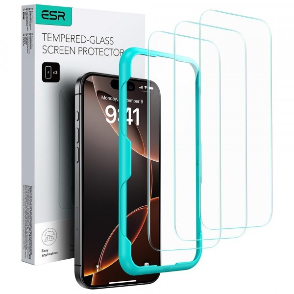 Folie de protectie Ecran ESR pentru Apple iPhone 17 / 16 Pro, Sticla Securizata, Full Glue, Set 3 bucati
