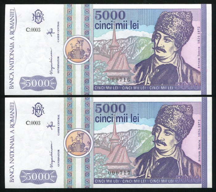 q602 PERECHE CONSECUTIVA 5000 LEI 1992 NECIRCULATA UNC