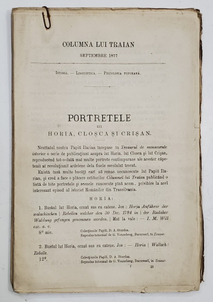 COLUMNA LUI TRAIAN , REVISTA MENSUALA PENTRU ISTORIA , LINGUISTICA SI PSICOLOGIA POPORANA , SUB DIRECTIUNEA D - LUI B.P. HASDEU , SEPTEMBRE , 1877