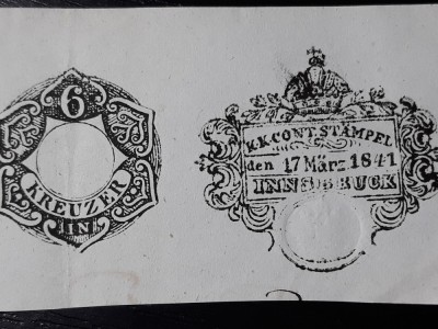 TIMBRE FISCALE VECHI 1841- STAMPILE FISCALE - 6 KREUZER - AUSTRIA foto