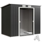 Outsunny Adăpost de Grădină Metalic &icirc;n Alipire cu Kit de Fundație, Ușă Dublă, Ventilații și Acoperiș &Icirc;nclinat, Gri | Aosom Romania