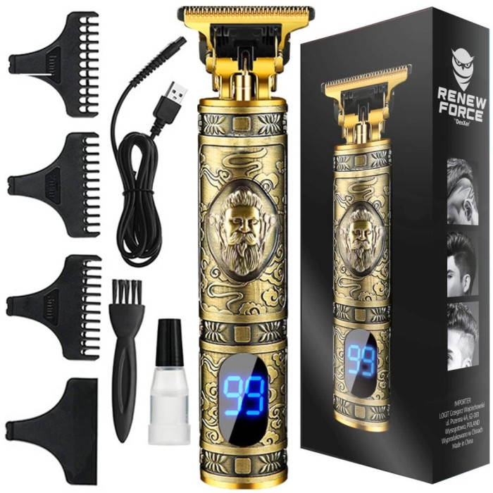 Trimmer profesional de tuns barba sau parul, lama din titan + ceramica, cu acumulator, accesorii incluse, model woodman t9