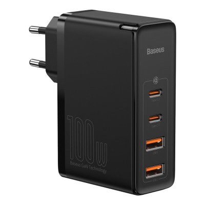 Incarcator 2x usb-c pd 100w, 2x usb-a qc3.0 cu cablu tip-c la tip-c baseus (ccgan2p-l01), negru foto
