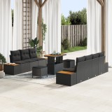 Gossi set de canapea de gradina cu 10 piese si perne, negru, rattan polimeric, acacia, Gossi set de dining de gradina cu 3 piese si perne, negru, ratt