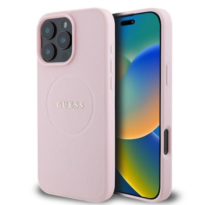 Husa pentru iPhone 16 Pro - Guess Grained Gold Ring MagSafe (GUHMP16LPGHSMMP) - Pink foto