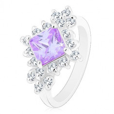 Inel de culoare argintie, zirconiu pătrat de culoare violet deschis, zirconii rotunde transparente - Marime inel: 49