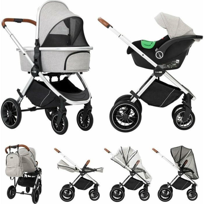 Carucior 3 in 1 FreeON Joy Gri, reversibil, cadru aluminiu, scoica auto, geanta si accesorii