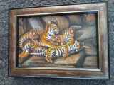 Ulei pe p&acirc;nză familie de tigrii, Animale, Realism