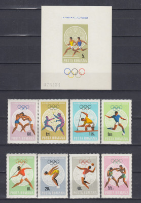 ROMANIA 1968 LP 680 LP 681 OLIMPIADA MEXIC SERIE+COLITA NEDANTELATA MNH foto