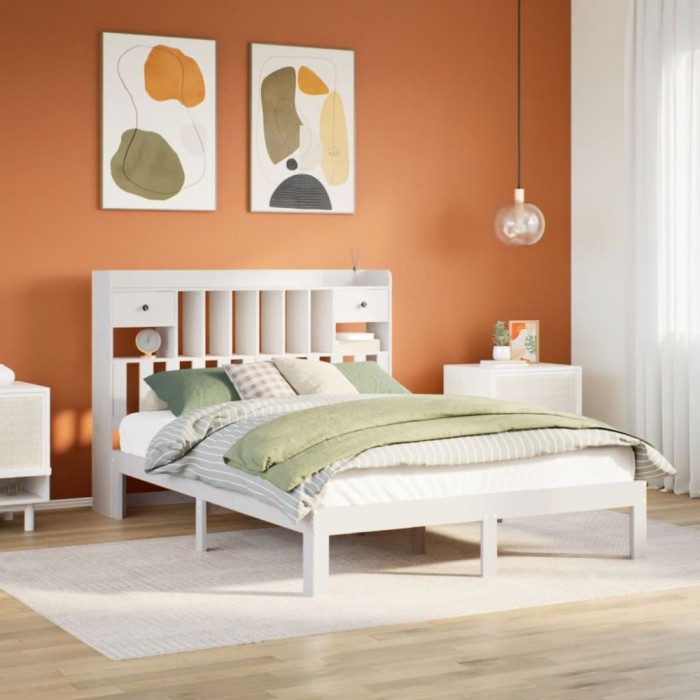 vidaXL Pat cu bibliotecă fără saltea, alb, 160x200 cm, lemn masiv pin 3322606