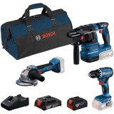 Bosch GWS 18V-8 + GSR 18V-45 + GBH 18V-22 - Masina de gaurit si insurubat + Rotopercutor SDS-Plus + Polizor unghiular 125 mm + Acumulator Li-Ion 18 V