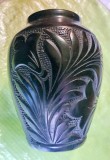 G619-Vaza ceramica veche neagra sculptata probabil anii 1900 sau interbelica marcata si semnata stare buna. Marimi: 13,5/11 cm.