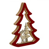 Decor Crăciun Lemn, Cerb, Brad, Roșu, 21cm, Oem